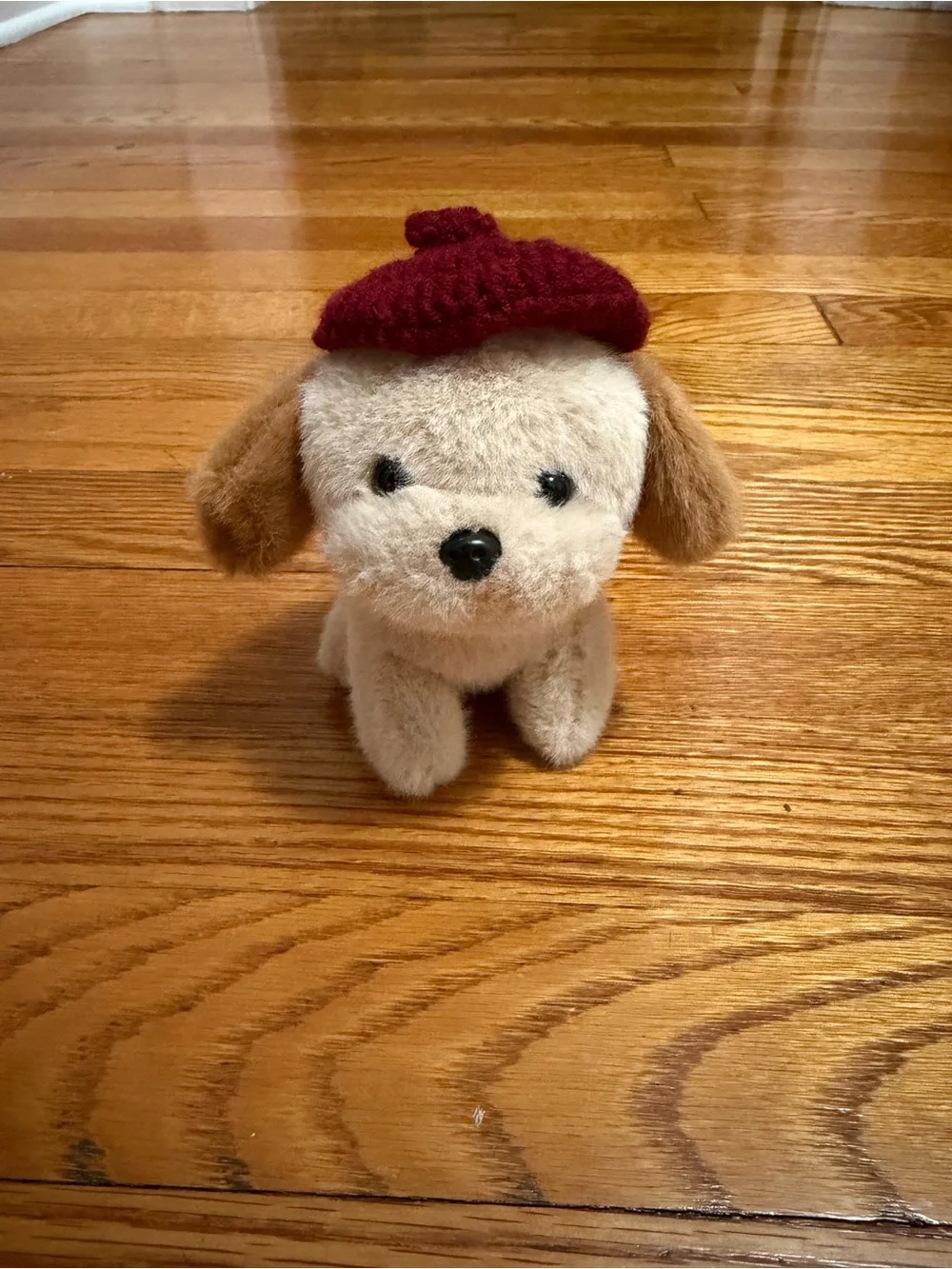 Plush Beige Dog Keychain with Burgundy Beret - Fashion Pet Accessory